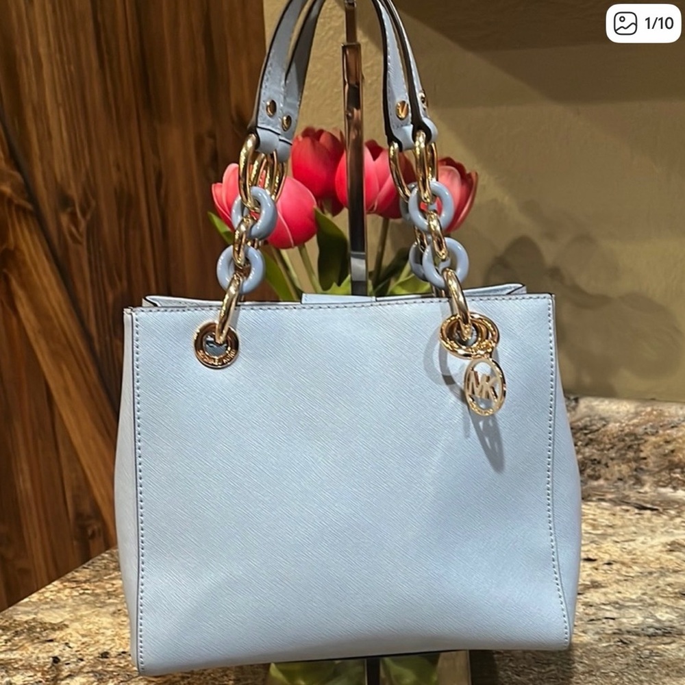Michael Kors Powder Blue Saffiano Leather Satchel with Gold Hardware